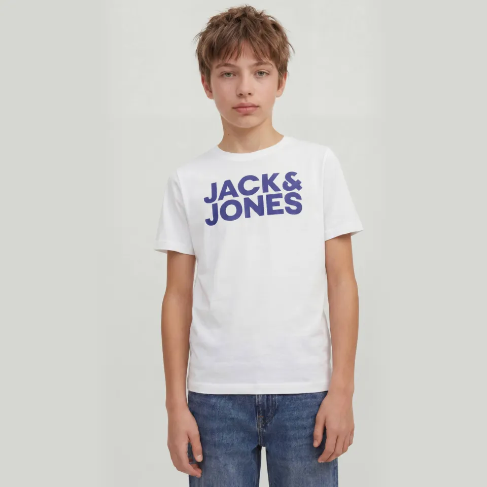 Jack & Jones Junior logo T-shirt wit Donkerblauw/wit