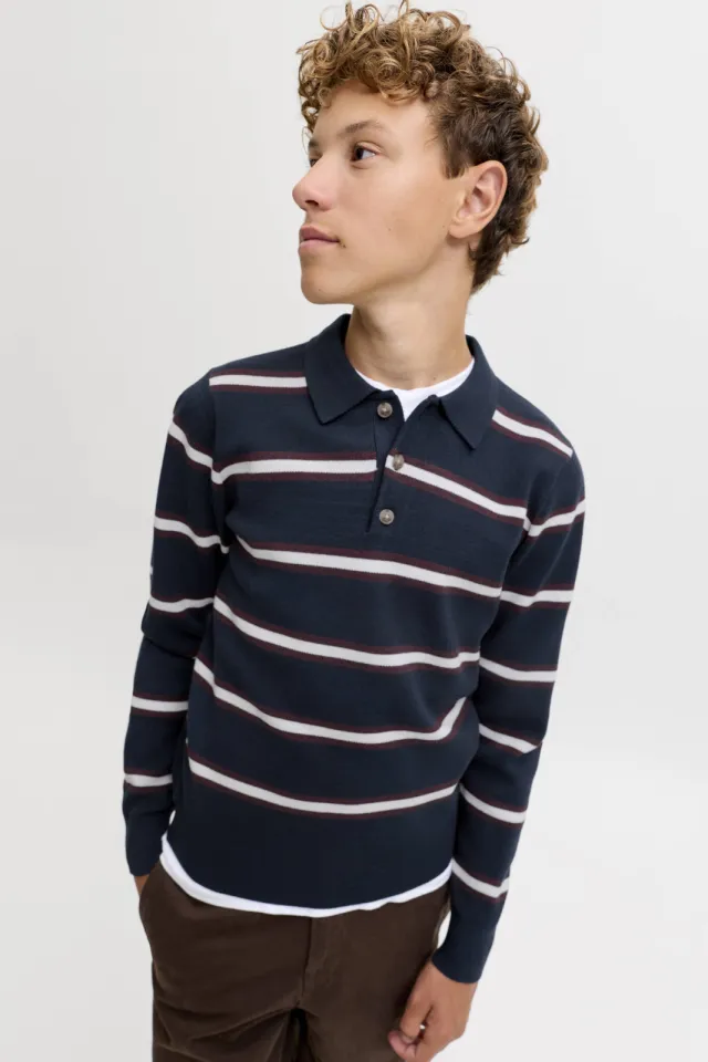 Jack & Jones JUNIOR gebreide gestreepte trui - donkerblauw Donkerblauw/wit/donkerrood