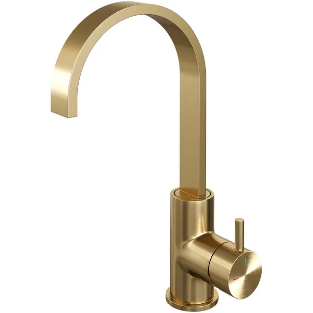 Brauer Wastafelmengkraan Brauer Gold Edition Coldstart Opbouw Hoog Plat Gebogen Korte Ronde Hendel Geborsteld Goud PVD