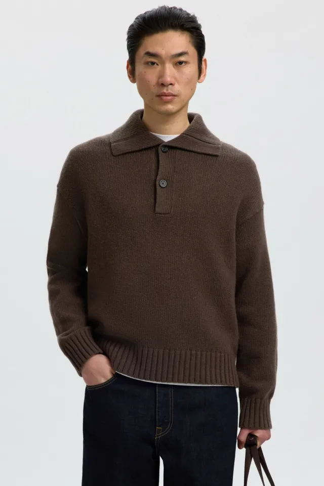 SELECTED MEN Selected relaxed fit gebreide trui met wol - donkerbruin