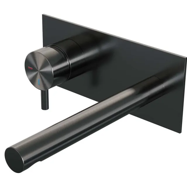 Brauer Inbouw Wastafelmengkraan Brauer Gunmetal Edition Coldstart Rechte Uitloop Korte Ronde Hendel Links Geborsteld Gunmetal PVD Met Afdekplaat
