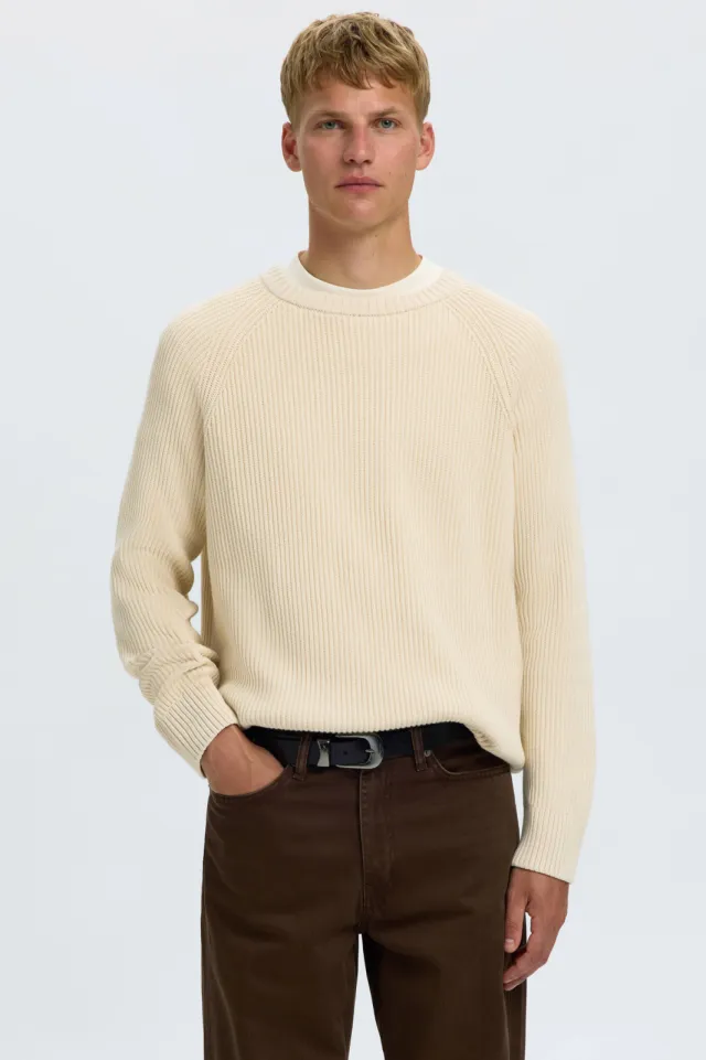 Selected katoenen relaxed fit gebreide trui - ecru Birch