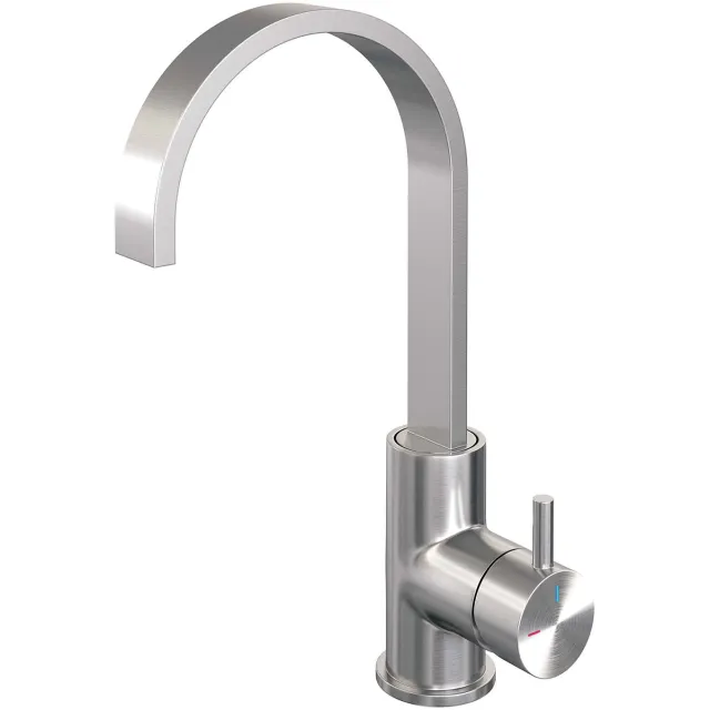 Brauer Wastafelmengkraan Brauer Brushed Edition Coldstart Opbouw Hoog Plat Gebogen Korte Ronde Hendel Geborsteld RVS PVD