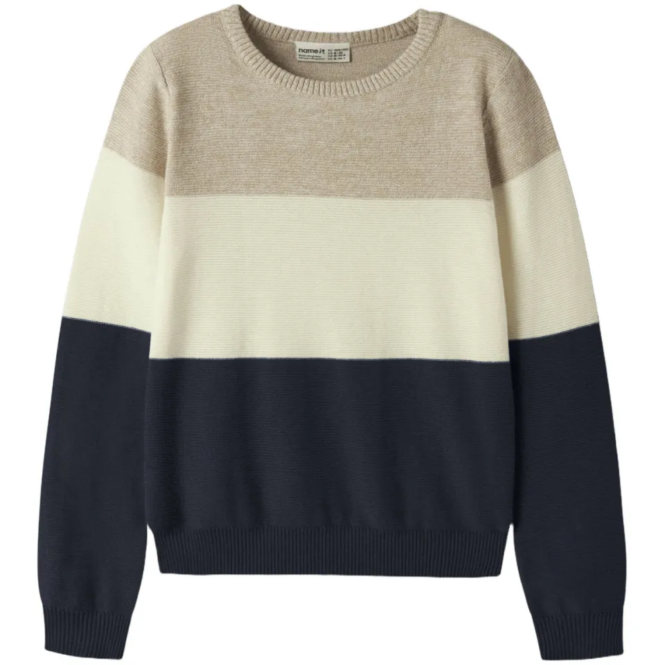 NAME IT KIDS katoenen rechtvallende gebreide gestreepte trui - beige, foto 3