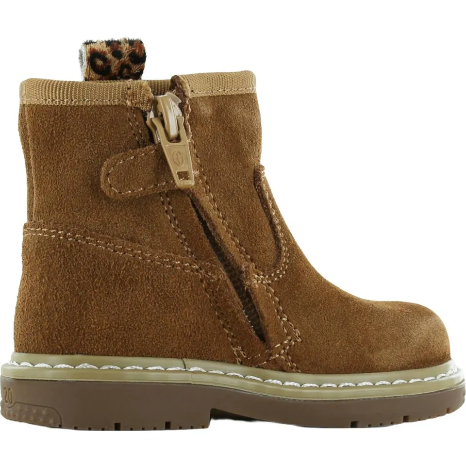 Shoesme suède enkelboots met panterprint - cognac