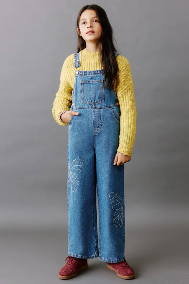 Mango denim straight leg tuinbroek met borduursels medium blue denim