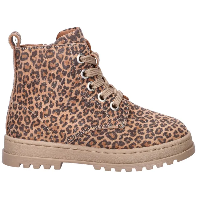 Nelson Kids nubuck veterboots met panterprint brons cognac/zwart