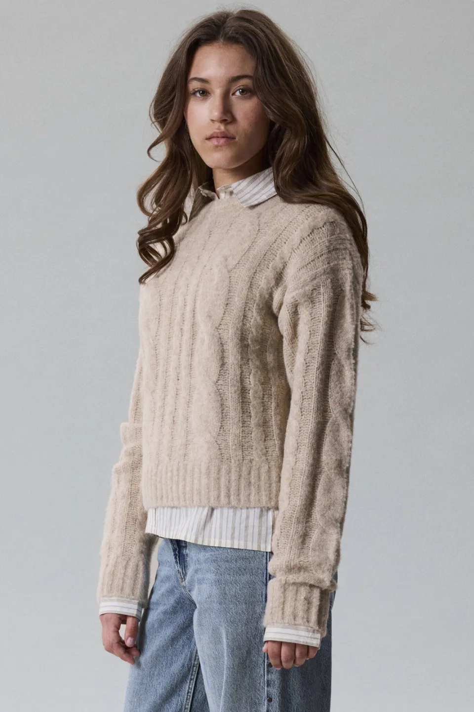 LMTD gebreide trui met kabels en wol - beige, foto 4