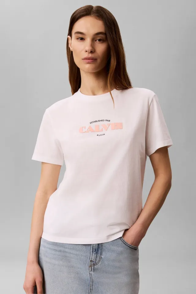 Calvin Klein JEANS T-shirt met tekst - wit Wit/ zalmroze