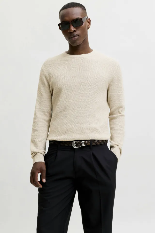Jack & Jones ESSENTIALS katoenen regular fit gebreide gemêleerde trui - greige GreigeDetail:Twist