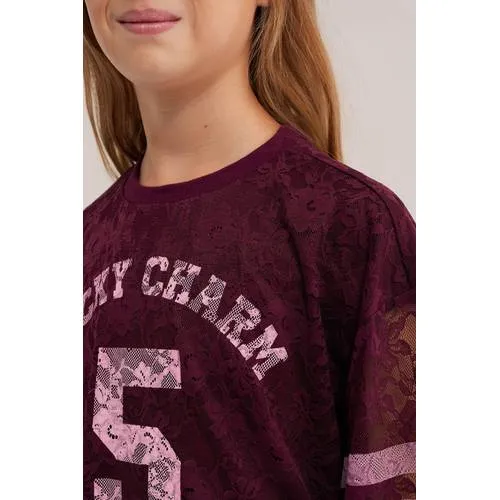 WE Fashion kanten longsleeve met tekst donkerrood donkerrood/roze, foto 6