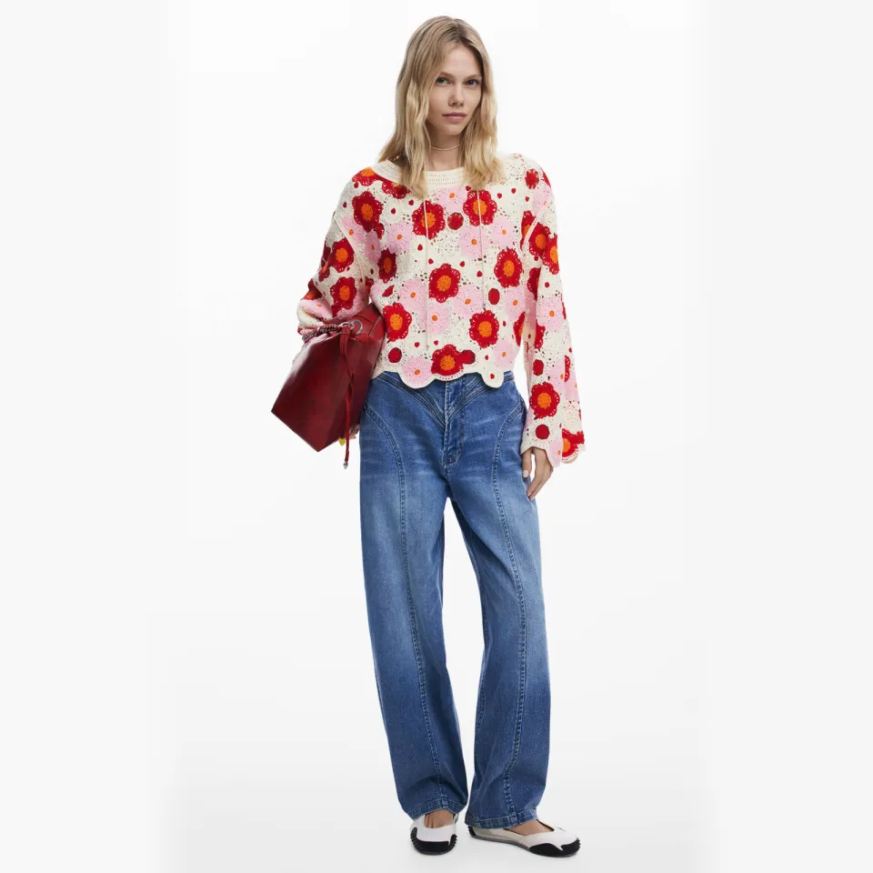 Desigual top ecru crochet Ecru/rood/roze