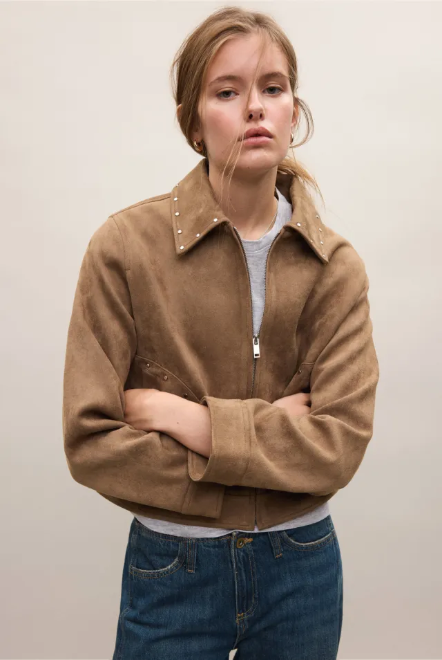 Mango suèdelook jasje met studs middenbruin