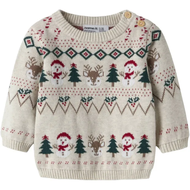 NAME IT BABY rechtvallende jacquard kersttrui met print - beige/multicolor