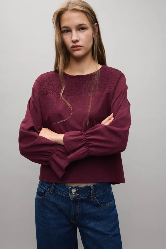 Mango Teen longsleeve met ruches donkerrood, foto 4