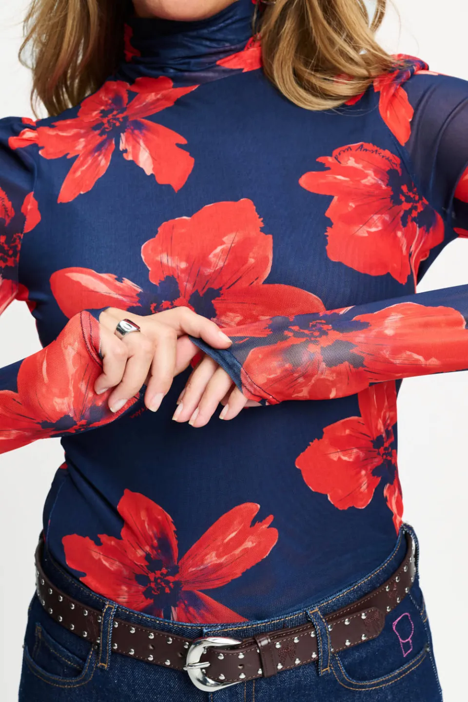 POM Amsterdam Romi Mesh Bloom top donkerblauw donkerblauw/rood, foto 5