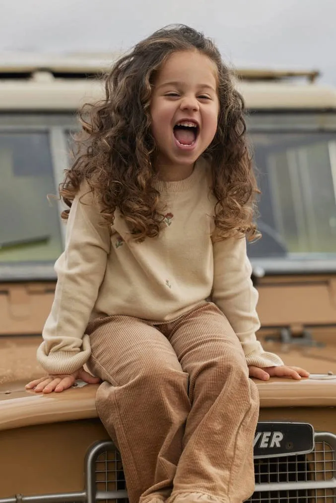 Little Dutch katoenen gebreide gebloemde trui met ruches - beige