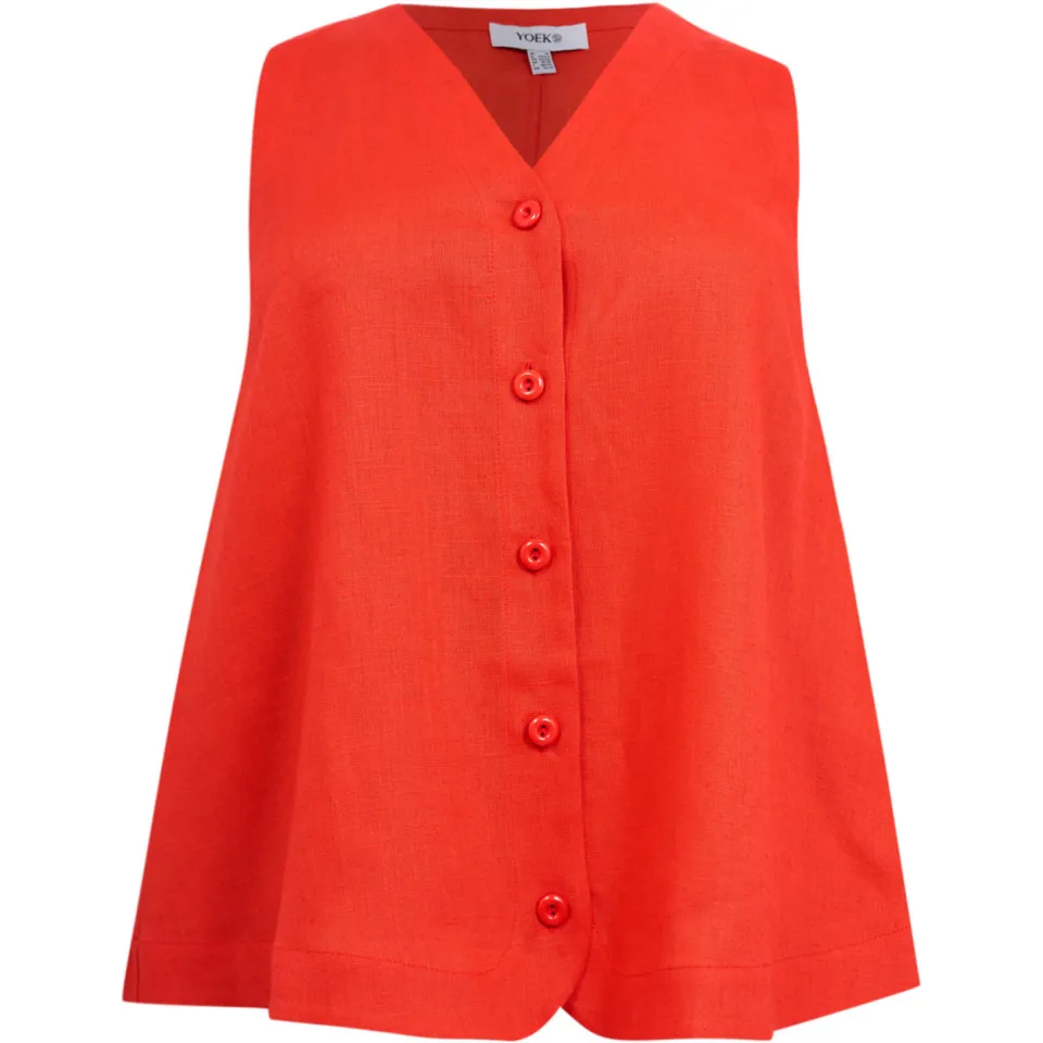 Yoek linnen top koraalrood, foto 3