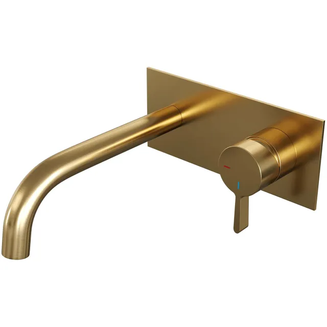 Brauer Inbouw Wastafelmengkraan Brauer Gold Edition Coldstart Gebogen Uitloop Halfronde Hendel Rechts Geborsteld Goud PVD Met Afdekplaat