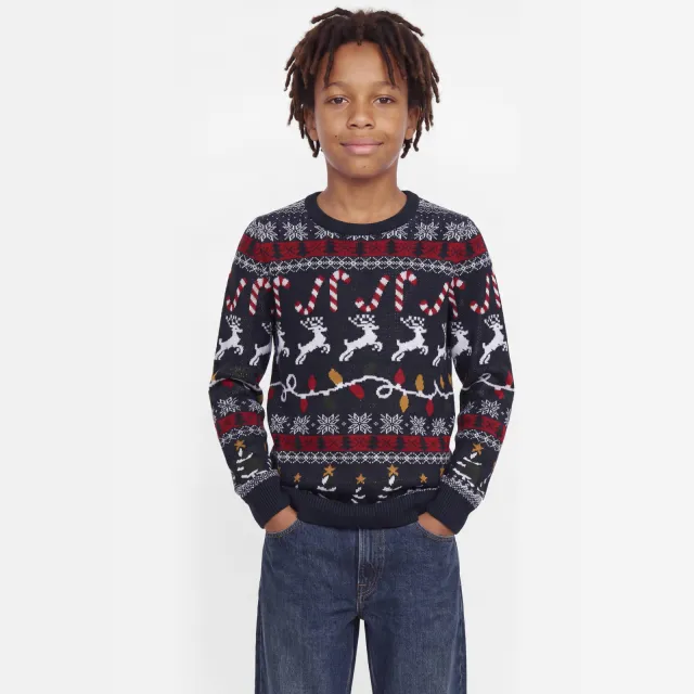 Jack & Jones JUNIOR gebreide kersttrui met print - donkerblauw/multicolor
