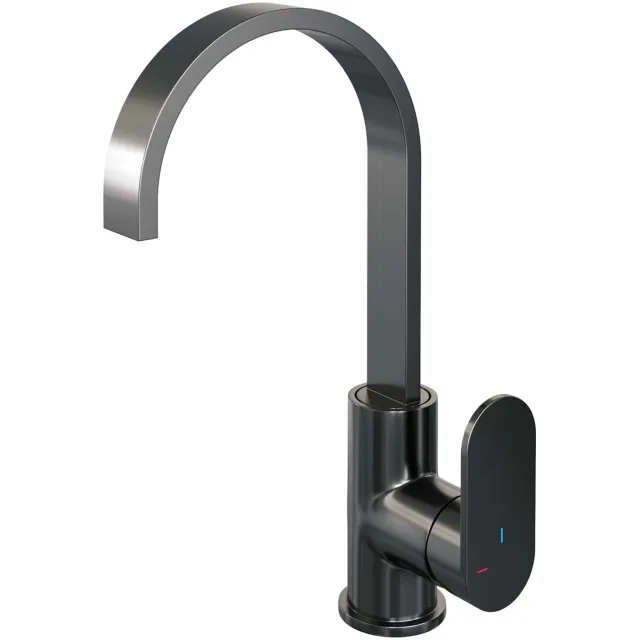 Brauer Wastafelmengkraan Brauer Gunmetal Edition Coldstart Opbouw Hoog Plat Gebogen Platte Hendel Geborsteld Gunmetal PVD