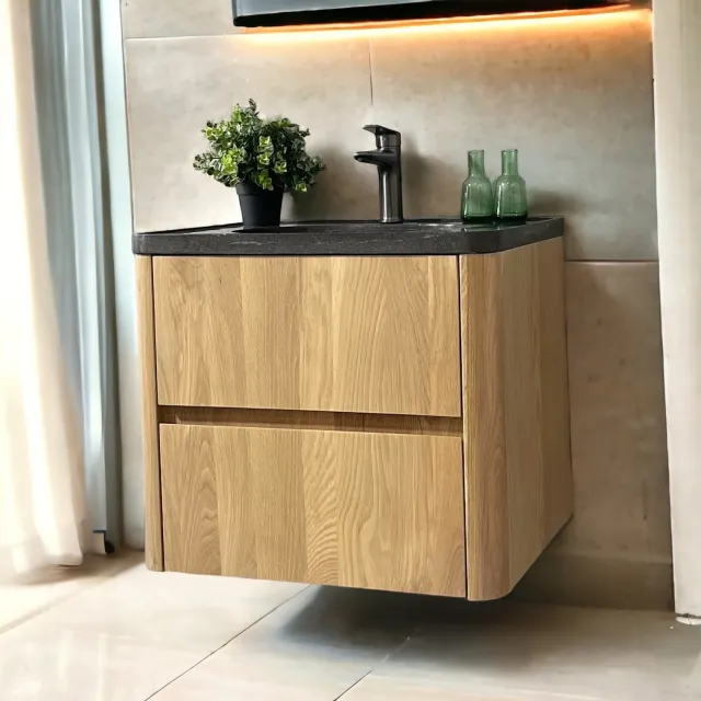 Casajoy Badmeubel Casajoy Bold Natuurstenen Wastafel Met Onderkast 60 cm 2 Lades Eiken Bruin