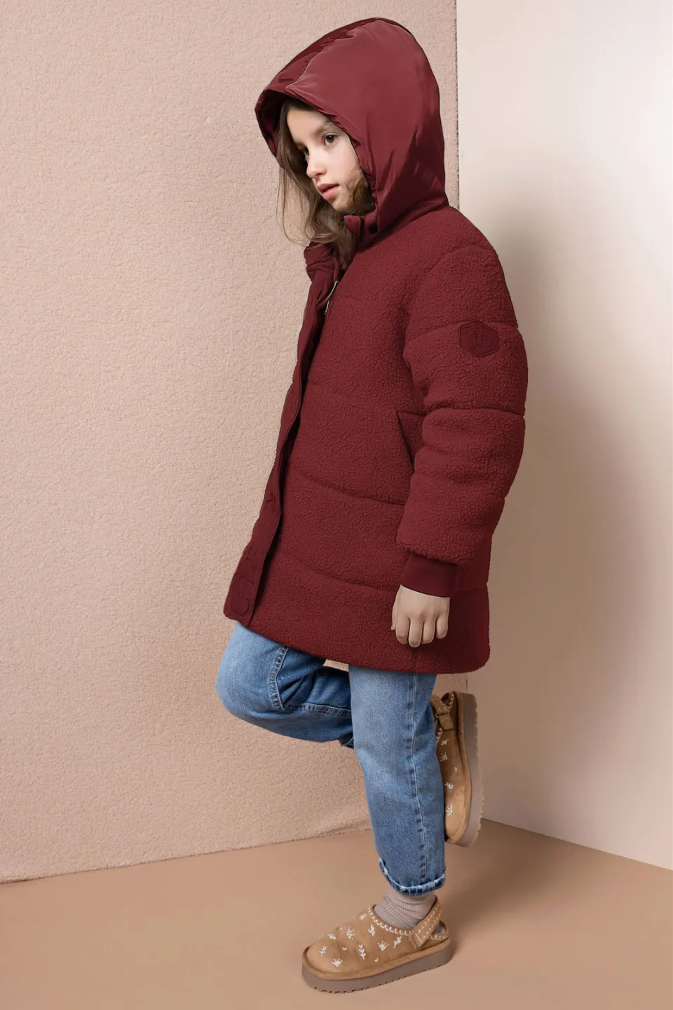 Nono reversible teddy winterjas donkerrood, foto 4