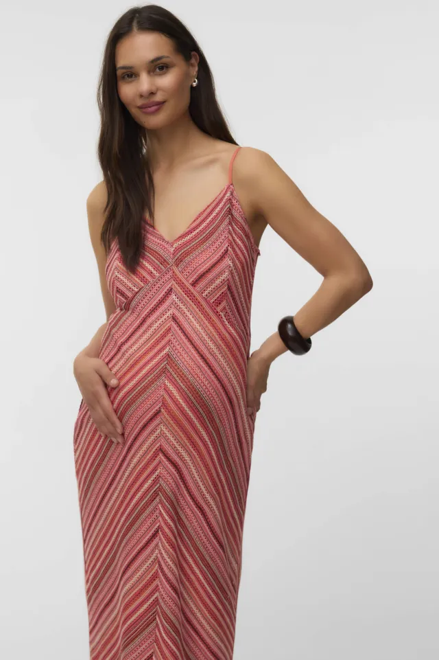 Vero Moda gestreepte gehaakte zwangerschapsmaxijurk koraalrood, foto 3