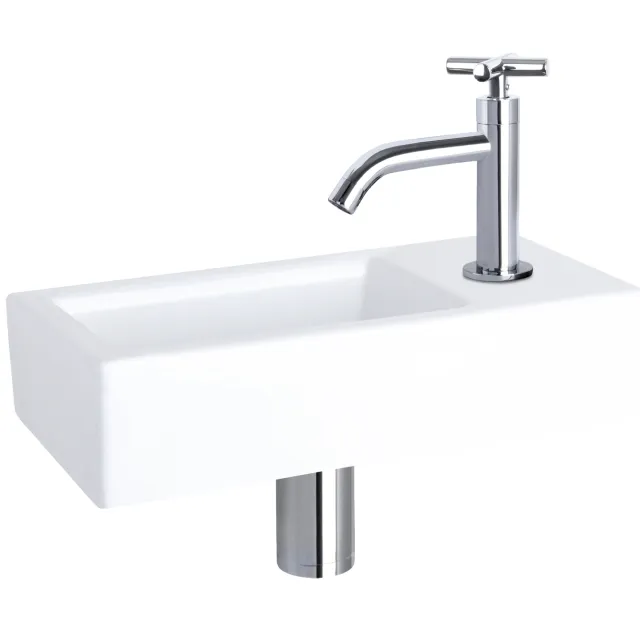 Differnz Fonteinset Differnz Ravo Keramiek 38.5x18.5x9 cm Wit Met Gebogen Kruis Kraan Chroom