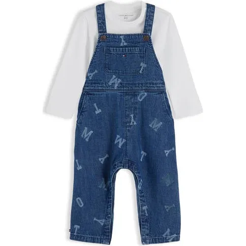 Tommy Hilfiger denim longsleeve/tuinbroek set met print - medium blue denim Blauw
