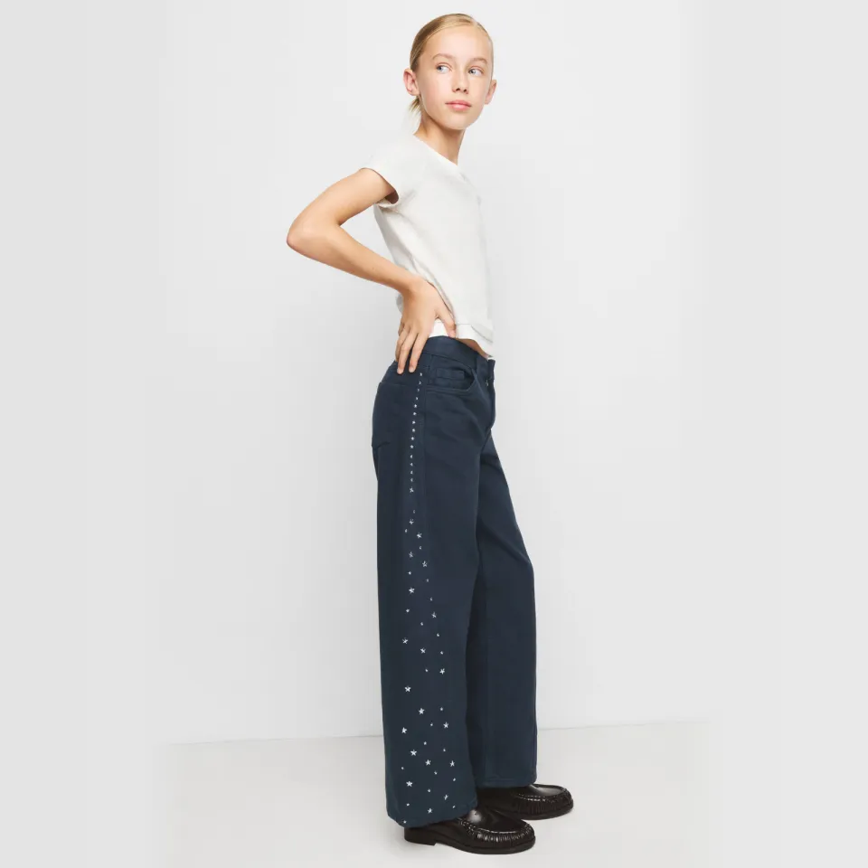 Mango Kids regular waist wide leg cropped jeans met strass-steentjes - donkerblauw, foto 3