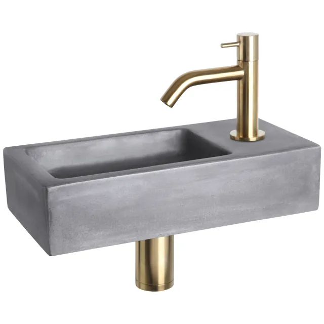 Differnz Fonteinset Differnz Ravo Beton 38.5x18.5x9 cm Donker Grijs Met Gebogen Kraan Mat Goud