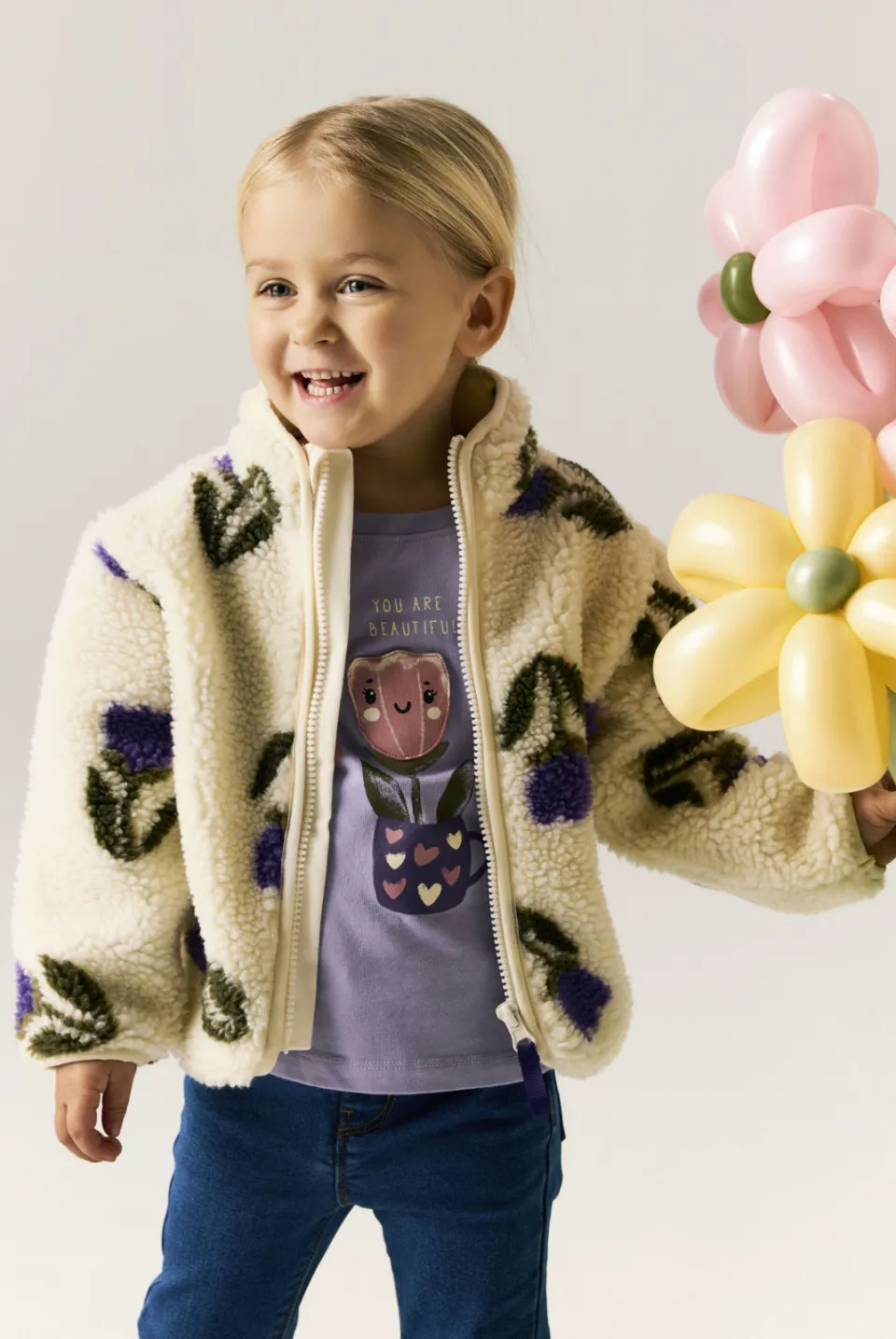 NAME IT MINI teddy jas ecru met bloemenprint
