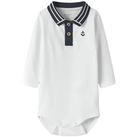 NAME IT BABY romper wit Jongens Stretchkatoen Polokraag Effen Wit/donkerblauw