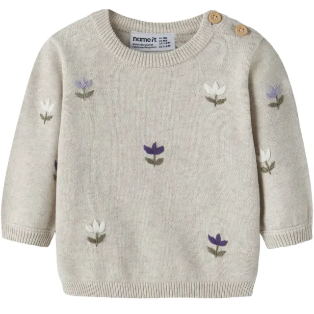 NAME IT BABY katoenen gebloemde gebreide trui met borduursels - grijs