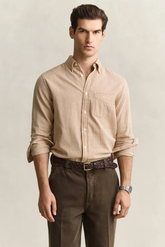 Gant flanel regular fit geruit overhemd - caramelbruin CARAMEL BROWN