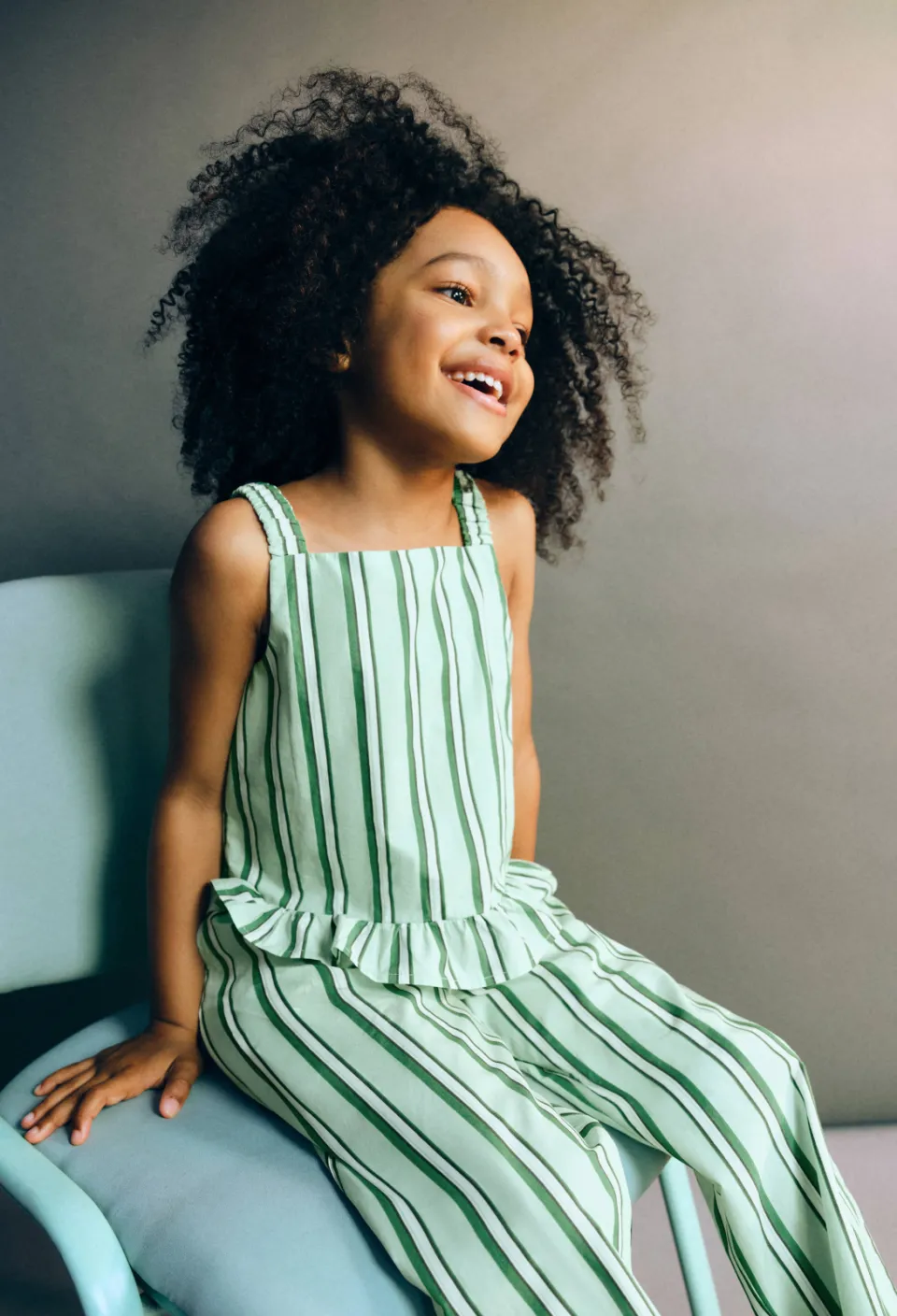 Mango Kids gestreepte top met ruches lichtgroen Lichtgroen/groen/wit