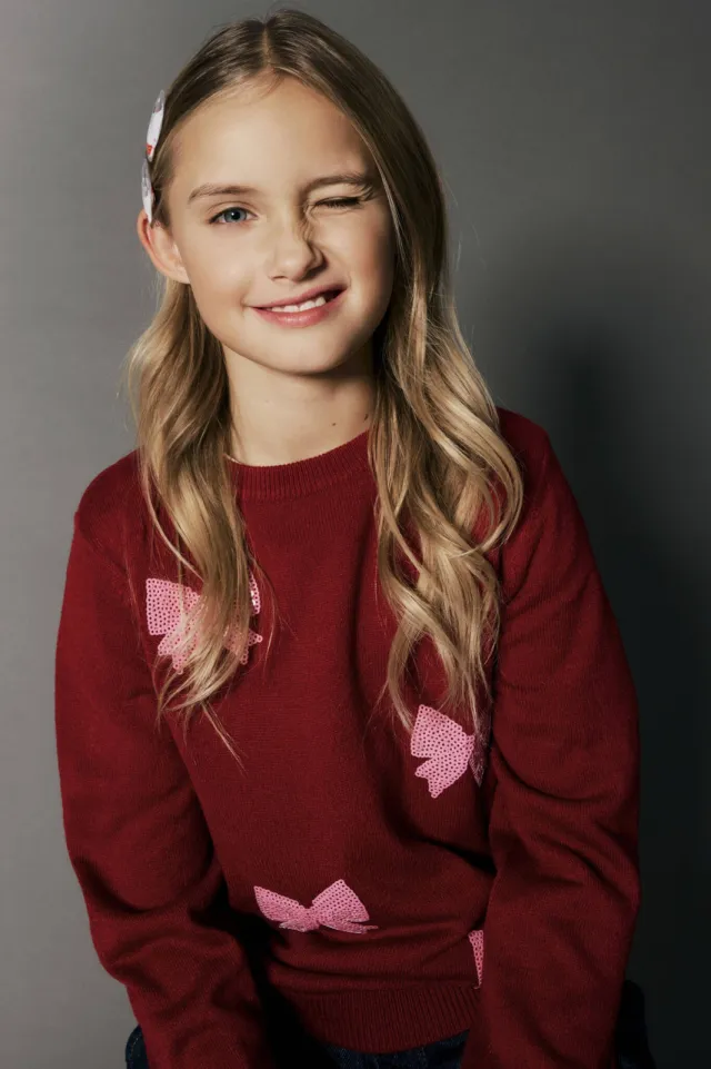 NAME IT KIDS rechtvallende gebreide trui met print en pailletten - rood/roze