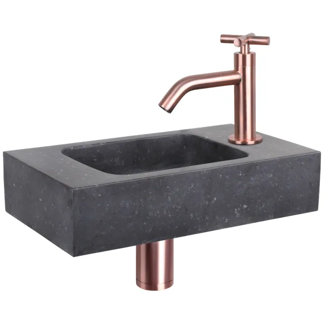 Differnz Fonteinset Differnz Bombai Natuursteen 40x22x9 cm Zwart Met Gebogen Kruis Kraan Rood Koper
