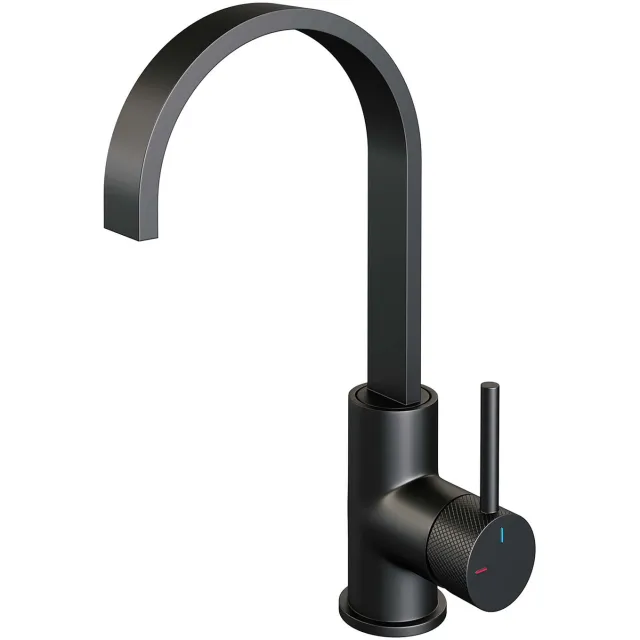 Brauer Wastafelmengkraan Brauer Black Carving Coldstart Opbouw Hoog Plat Gebogen Ronde Hendel Mat Zwart