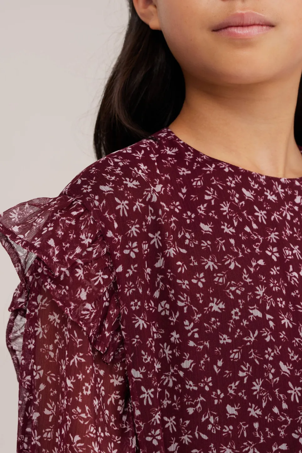 WE Fashion korte jurk met ruches donkerrood donkerrood/ecru, foto 5