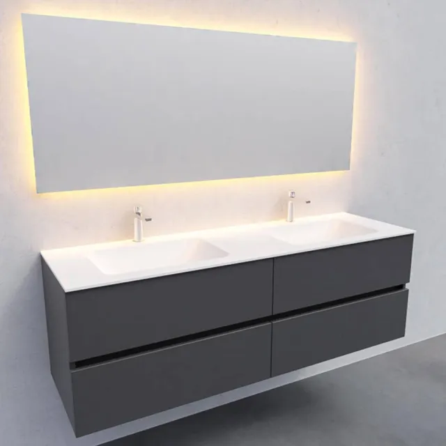 Badkamermeubel Solid Surface AQS Oslo 150x46 cm Dubbel Mat Antraciet 4 Laden Boss & Wessing