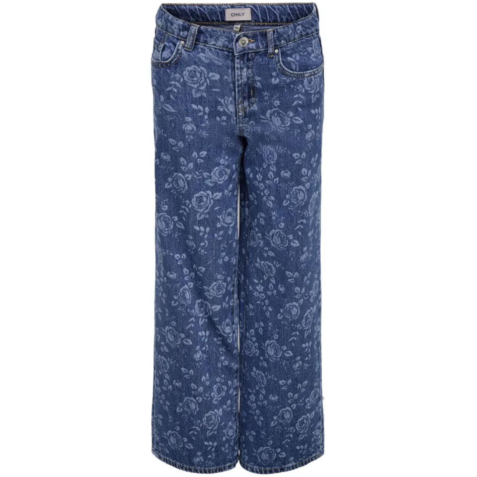 Only KIDS ONLY GIRL high waist wide leg jeans medium blue denim Blauw Bloemen