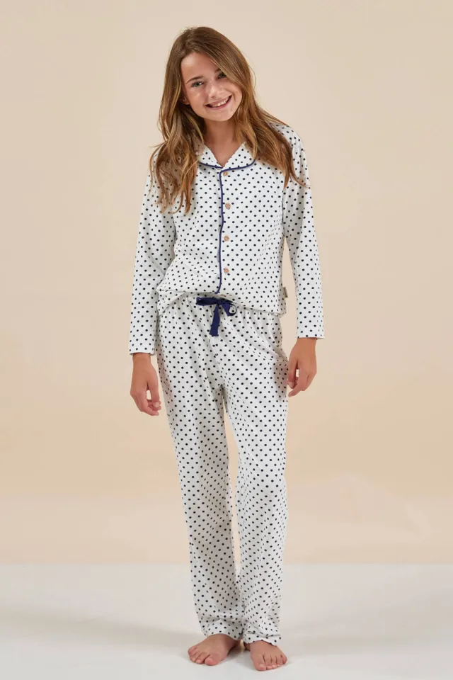 Little Label pyjama met stippen klassieke kraag wit/donkerblauw