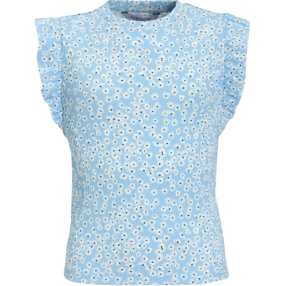 Anytime crinkle top met ruffles bloemenprint lichtblauw, foto 2