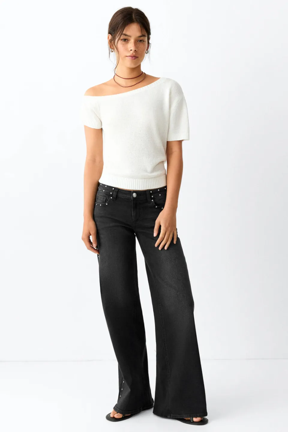 Mango TEEN wide leg jeans met studs - zwart Black denim