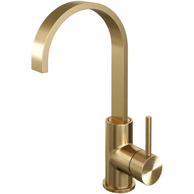 Brauer Wastafelmengkraan Brauer Gold Carving Coldstart Opbouw Hoog Plat Gebogen Ronde Hendel Geborsteld Goud PVD PVD