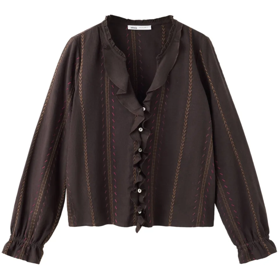 Mango blouse met ruches donkerbruin, foto 2