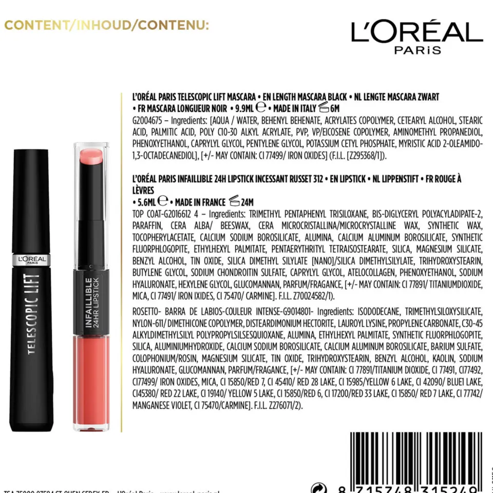 L'oréal Paris Telescopic set - Telescopic Lift mascara + Infaillible 24H lipstick - 312 Incessant Russet, foto 2