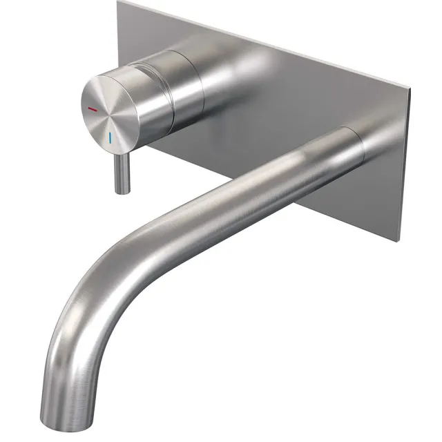 Brauer Inbouw Wastafelmengkraan Brauer Brushed Edition Coldstart Gebogen Uitloop Korte Ronde Hendel Links Geborsteld RVS PVD Met Afdekplaat